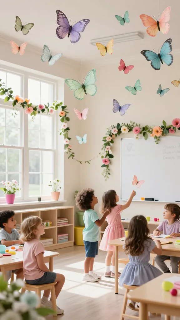 A high-quality, ultra-realistic photograph capturing a vibrant preschool classroom transformed into an ethereal "Butterfly Garden Dream." Several diverse preschool children (ages 3-5) are happily engaged in various activities, looking up with wonder at the decor. Numerous delicate paper and fabric butterflies in various sizes and pastel colors (lavender, mint, peach, baby blue, soft yellow) are suspended from the ceiling and walls, appearing to flutter freely. Graceful floral garlands, featuring a mix of pastel flowers and green leaves, drape across windowsills, shelves, and along the top edge of a whiteboard. The room's base color palette is soft white and cream, providing a light, airy feel, with subtle pops of bright fuchsia and lime green appearing sparingly in small decorative items or educational materials. Soft, natural light streams through large windows, creating a magical, enchanting, and joyful atmosphere. Sharp focus, professional lighting, no text.