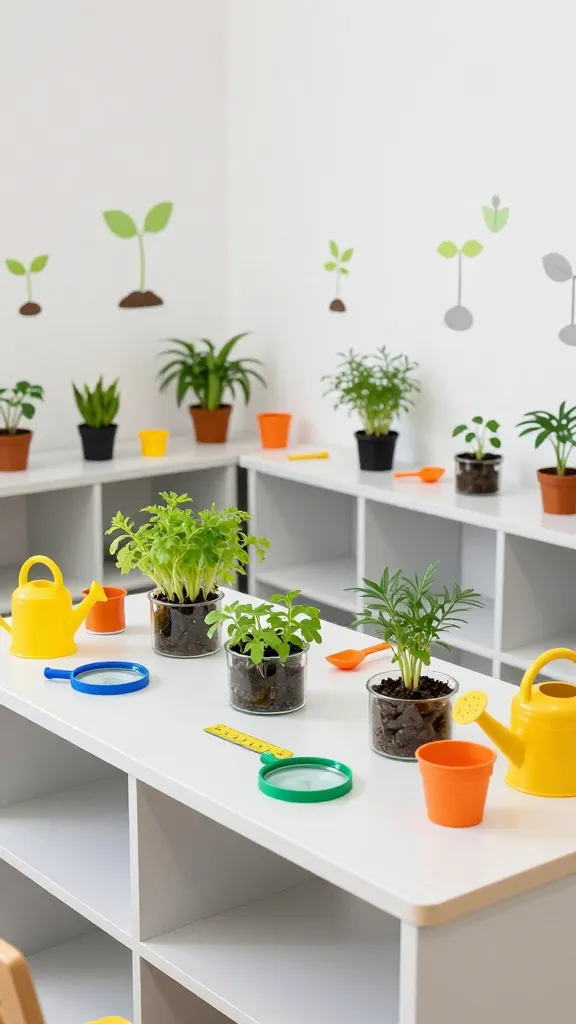 A realistic, high-quality photograph capturing a vibrant 'Little Seedling Science Lab' corner within a preschool classroom. The scene is bright and meticulously organized, featuring low-level white and light grey shelving units and a sturdy, child-height work table. On the table, several small, clear glass terrariums and potted plants burst with various shades of fresh green foliage, showcasing child-friendly herbs and tiny seedlings. Chunky, colorful magnifying glasses, small yellow measuring tapes, and miniature orange plastic scoops are neatly arranged among the plants, inviting young scientists to explore. The walls are clean white, with subtle, minimalist decals of sprouting seeds and leaves in light green and grey, reinforcing the theme of growth and discovery. A bright yellow watering can or a small orange pot adds energetic pops of color. Soft, natural light illuminates the space, creating a fresh, spring-like, and functionally chic environment. No text.
