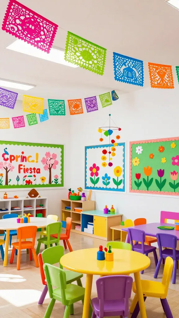 A vibrant and festive preschool classroom decorated for a "Spring Fling Fiesta," bursting with bold fuchsia, lime green, electric blue, sunny orange, bright yellow, and purple, contrasted crisply against white walls and child-sized furniture. Colorful papel picado banners and fabric garlands are strung playfully across the ceiling and along the walls. Various decorations featuring stylized spring flowers from different cultures around the world, such as cherry blossoms, marigolds, and tulips, are displayed on bulletin boards and hanging as mobiles. Natural light streams into the joyful space, illuminating the inviting activity stations with small, colorful craft supplies. High-resolution, realistic photo, no text.