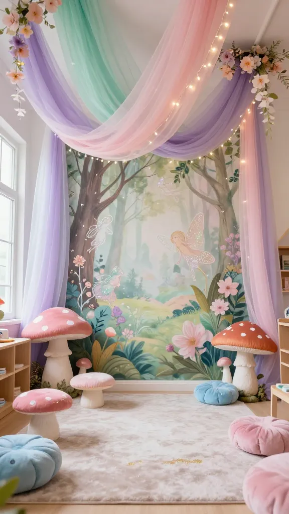 A high-quality, realistic photograph of a magical and whimsical preschool classroom, meticulously decorated with a woodland fairy theme. The room is bathed in soft, diffused natural light, creating an enchanting and sparkling atmosphere. The dominant color palette features soft pastel pinks and lavenders, mint green, and robin's egg blue, accented with delicate touches of gold glitter and iridescent white. In the foreground, several small, plush mushroom-shaped stools and cushions are invitingly arranged on a light, textured rug, with one larger decorative mushroom prop subtly hinting at a hidden fairy peeking from behind it. Above, elegant sheer fabric canopies in pastel hues are gracefully draped, twinkling with warm fairy lights and adorned with clusters of delicate silk flowers. The walls are adorned with a soft, artistic mural depicting a serene forest scene with ethereal, shimmering outlines of fairies integrated among oversized leaves and blossoms. The overall impression is one of sparkling wonder, captured with a wide-angle lens to showcase the imaginative play space with exquisite detail and a dreamlike quality. No text.