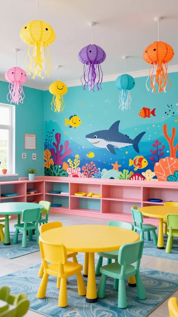 A vibrant and inviting preschool classroom transformed into a cheerful 'Ocean Depths Discovery' spring theme. The room is awash in natural light, showcasing walls painted in a vibrant bright turquoise, complemented by coral pink accents on shelves and trim. From the ceiling, numerous paper lanterns, meticulously crafted to resemble glowing jellyfish and colorful, smiling fish in sunny yellow, orange, and purple, hang playfully at different levels. A large, detailed wall mural dominates one side, depicting a lively, sun-drenched shallow coral reef filled with friendly, smiling fish, a gentle, cartoon-style shark, and other playful marine life like starfish and sea turtles. Child-sized tables and chairs, primarily in sunny yellow and seafoam green, are neatly arranged on a soft, light blue rug with subtle wave patterns. The overall scene is meticulously clean, vibrant, and filled with an imaginative, joyful atmosphere, perfect for young children. High-resolution, realistic photo, wide shot, natural light, no people, no text.