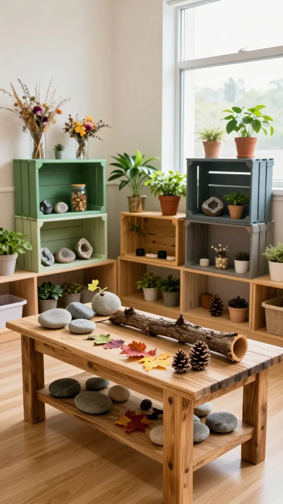 A vibrant, eco-chic "Upcycled Nature Nook" within a sunlit preschool classroom. The focal point is a low, child-accessible "nature table" made from beautifully aged reclaimed wood, showcasing an curated display of natural finds: smooth, grey river stones, a small collection of colorful autumn leaves, various pinecones, and a sturdy, dried branch. Behind it, a wall hosts open shelving constructed from stacked, painted wooden crates in soft leafy greens and warm stone greys, artfully holding small potted plants, jars filled with a mix of dried flowers in muted pastel shades, and polished geodes. The background wall is painted in a soft, natural off-white. Warm, natural light floods the space from a large window, highlighting the textures of the natural materials and the rustic charm of the repurposed items. The color palette is rich with natural wood tones, bark browns, leafy greens, and stone greys, punctuated by subtle accents of dried flower colors and gentle pastels. The floor is a light, natural wood. This high-quality, realistic photograph captures a serene and inspiring learning environment, free of any text.