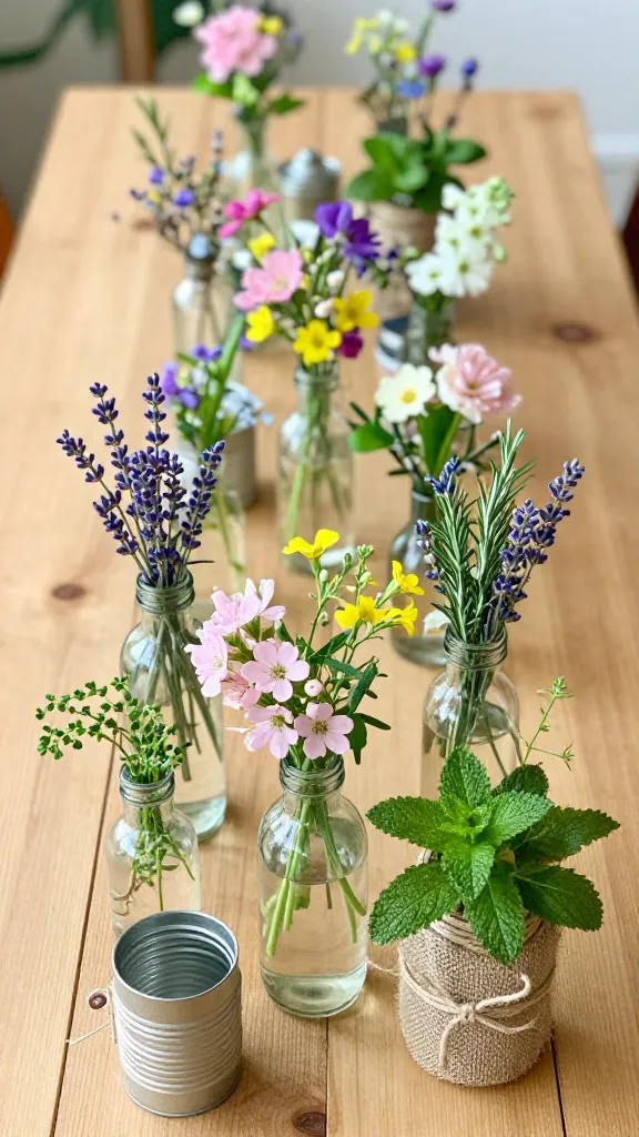 A close-up, high-angle, realistic photograph of a charming DIY spring party tablescape. A rustic wooden dining table is transformed into a whimsical wildflower meadow. An artful assortment of upcycled vases, including mismatched clear glass bottles, various sized mason jars, and small tin cans wrapped in natural twine and burlap, are arranged down the center. Each vase holds freshly foraged, delicate wildflowers in soft pastel hues (pinks, purples, yellows, whites) mixed with sprigs of aromatic lavender, rosemary, and fresh green herbs like thyme and mint. The overall arrangement feels effortlessly natural, fresh, and inviting. Soft, warm natural light illuminates the scene, creating a gentle glow and a shallow depth of field that keeps the focus sharply on the intricate floral and herb arrangements and the textured DIY vases. No text on image.