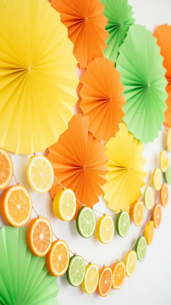 A vibrant and cheerful DIY spring party decoration scene, showcasing a striking focal point. A large backdrop is created from an array of bright, inexpensive paper fans of varying sizes, arranged in a dynamic ombre pattern that shifts from sunny yellows to zesty oranges and lime greens. Delicately draped across the foreground and mid-ground are handmade garlands crafted from thinly sliced real oranges, lemons, and limes, strung together with fine twine, their translucent slices catching the soft, natural light. The scene exudes a playful, fruit-inspired energy with a clean, high-resolution aesthetic. Realistic photo, shallow depth of field to highlight the decor. No text.