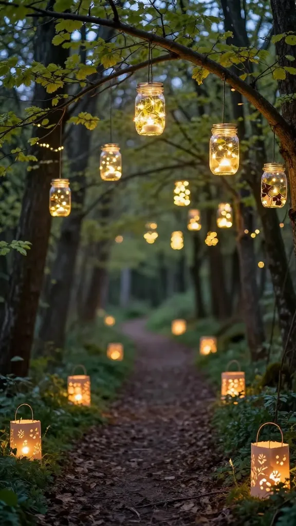 A high-resolution, realistic photograph capturing a magical evening spring woodland escape. Numerous DIY mason jar lanterns, containing battery-operated fairy lights or LED tea lights, are suspended from tree branches at varying heights and artfully placed along a winding natural pathway. Some jars subtly incorporate natural elements like small leaves or twigs. Alongside the pathway, DIY paper bag luminaries, adorned with intricate cut-out patterns, emit a soft, warm glow. The setting is a serene forest edge at dusk, with emerging spring foliage on the trees. The overall ambiance is dreamy and ethereal, characterized by diffused, golden light from the lanterns and luminaries, creating a truly special, inviting atmosphere with a gentle bokeh in the background. No text.