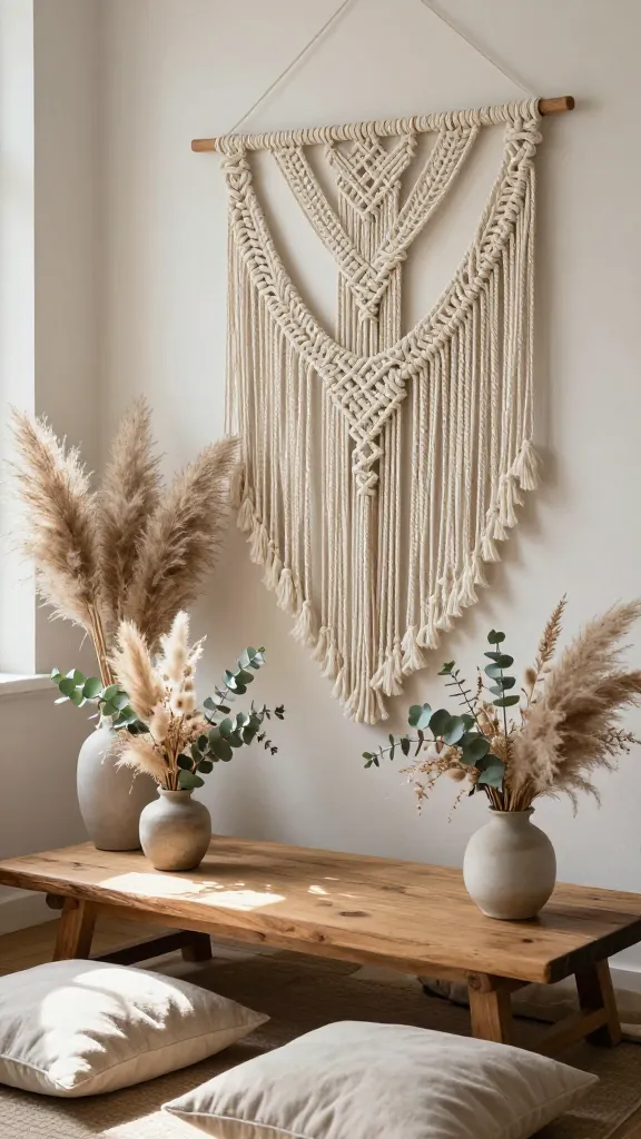 A close-up, high-quality realistic photograph of a bohemian chic spring party decor setup, styled in a cozy corner. The focal point is a large, intricate DIY macramé wall hanging crafted from natural cotton rope, featuring simple yet elegant knots, serving as an artistic backdrop against a softly textured, light-colored wall. In front, a rustic, low-set wooden table is adorned with several ceramic vases holding artfully arranged dried flower bouquets, featuring fluffy pampas grass plumes, silvery-green eucalyptus branches, and delicate creamy bunny tails. Scattered around the table are plush, earthy-toned linen floor cushions, inviting guests to relax. Soft, diffused natural light streams in from a nearby window, highlighting the intricate textures of the macramé and dried botanicals, casting gentle shadows. The overall aesthetic is sophisticated, handmade, and free-spirited, with a warm palette of creams, beiges, muted greens, and natural wood. No text.