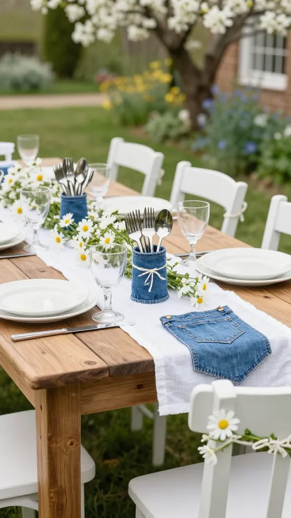 A charming, country-inspired outdoor spring party table set under soft natural light. The rustic wooden table is adorned with a simple white linen runner. Each place setting features a unique DIY cutlery holder made from an upcycled denim pocket, neatly hemmed and holding a bundle of polished silver cutlery tied with white twine. Fresh white daisy chains are artfully draped across the table as a garland and also tied around the backs of simple white wooden chairs. White ceramic plates and clear glasses complete the setting, creating a delightful blue and white palette. The background is a gently blurred lush spring garden. High-resolution, realistic photo, no text.