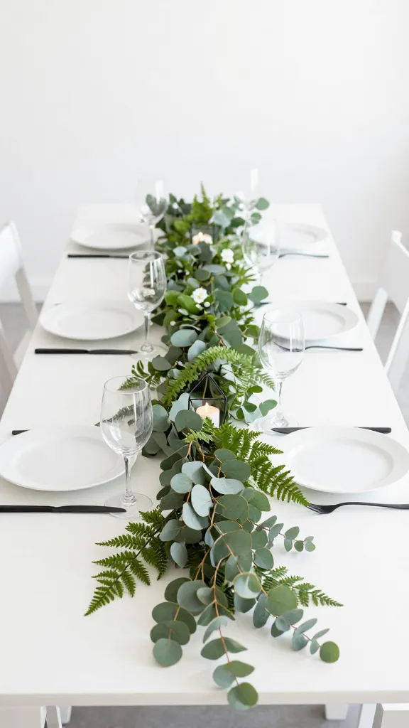 A high-angle, realistic, and high-quality photo capturing a modern minimalist spring party table setting. A thick, flowing garland crafted from fresh eucalyptus and fern fronds runs luxuriantly down the center of a sleek, white rectangular dining table. The table is immaculately set with crisp white ceramic plates, matte black minimalist cutlery, and clear, stemless wine glasses. Subtle geometric accents, such as small black wire frame candle holders with soft, warm LED candles, are artfully nestled within the greenery. The background is a bright, uncluttered white wall, bathed in soft, natural daylight, emphasizing the serene, elegant, and sophisticated party atmosphere. The focus is sharp on the table decor, with a shallow depth of field. No text.