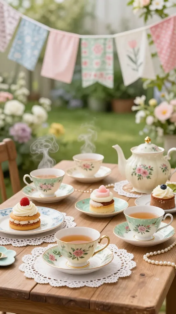 A beautifully styled, slightly mismatched vintage spring tea party table setting, bathed in soft, diffused natural light, evoking a charming, nostalgic romance. The scene features a delicate pastel color palette of blush pinks, mint greens, creams, and sky blues. Mismatched floral teacups and saucers, some holding steaming tea and others small, artfully arranged desserts, are carefully placed on a rustic wooden table. Intricate lace doilies serve as placemats, adding to the delicate charm. Overhead, a whimsical bunting made from various patterned fabric scraps gently sways, hinting at a DIY touch. Faux pearl strands are elegantly draped among the teacups and a vintage teapot. The background is softly blurred, hinting at a lush spring garden, enhancing the enchanting and budget-friendly DIY aesthetic. High-quality photograph, no text.
