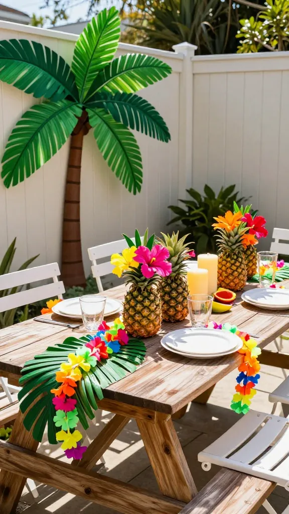 A vibrant, high-quality, realistic photo capturing a DIY Tropical Paradise themed spring party setup in a sun-drenched backyard patio. The scene is bursting with bold, festive colors. Large, hand-cut green paper palm leaves are artfully taped to a light-colored backyard fence and draped along the edge of a rustic wooden picnic table, casting playful shadows. Several hollowed-out fresh pineapples serve as creative centerpieces on the table, some holding a cheerful mix of brightly colored paper flowers like fuchsia, orange, and yellow hibiscus, while others glow softly with warm LED candles. Colorful DIY lei garlands, crafted from strung paper flowers in various tropical hues, are casually draped over the backs of white patio chairs and along the table's edge. The table is set with simple white plates and clear glasses, with a few slices of fresh tropical fruit scattered for garnish. The overall atmosphere is joyful, inviting, and clearly showcases handmade spring party decorations, bathed in natural, bright daylight. No text.