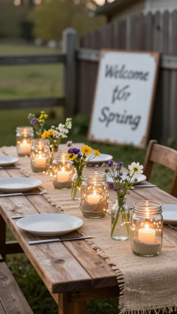 A high-resolution, professional-grade photograph capturing a rustic farmhouse-style outdoor table set for a cozy spring party. A long, weathered wooden table is adorned with a natural burlap table runner. Along the runner, a charming collection of DIY mason jar luminaries glow softly; some are filled with fine sand and flickering votive candles, while others are wrapped in natural twine with delicate warm fairy lights. Small, fresh spring wildflowers in simple glass bottles are interspersed among the luminaries. In the background, a subtly distressed, hand-painted wooden sign with a welcoming spring message leans against a rustic fence post, partially blurred. The scene is bathed in warm, soft late afternoon light, highlighting natural textures and creating an inviting, homespun atmosphere. Shallow depth of field, warm color palette, no text.