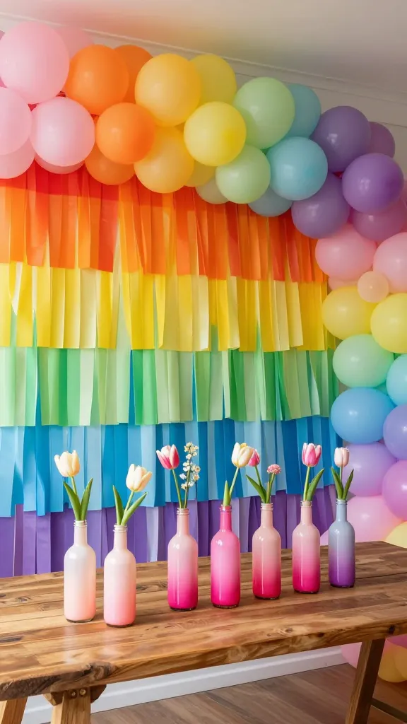 A high-resolution, professional photograph capturing a vibrant and playful DIY spring party setup. The focal point is a stunning photo booth area featuring a large wall covered floor-to-ceiling with an ombre rainbow paper streamer backdrop, where colors seamlessly transition from warm reds and oranges at the top, through sunny yellows and fresh greens, to cool blues and purples at the bottom. In front of the backdrop, a rustic wooden table displays a centerpiece of various collected glass bottles, artfully painted in a cohesive ombre gradient from pale blush pink to deep fuchsia, holding delicate single-stem spring flowers like tulips. Above, an impressive, organically shaped balloon arch frames the scene, also showcasing an ombre rainbow transition. The room is bathed in soft, natural daylight, emphasizing the textures and vivid, flowing colors, creating a magical and modern spring celebration atmosphere. No text on image.