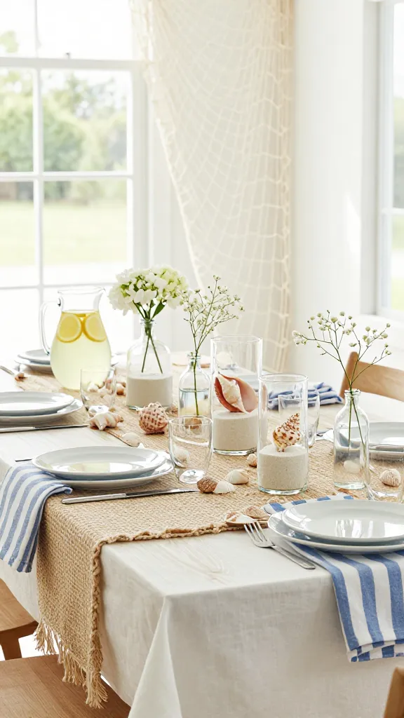 A high-quality, realistic photo capturing a beautifully styled DIY spring party table setup with a 'Coastal Breeze & Seashell Serenity' theme. The scene is bright and airy, bathed in abundant natural light, possibly in a sunroom or by a large window. A light-colored wooden table is adorned with a crisp white linen tablecloth, partially covered by a textured jute rope table runner. Scattered elegantly across the runner are various clean, natural seashells and a few artfully arranged clear glass vases, each layered with fine white sand and showcasing a single larger conch or scallop shell. Behind the table, a delicate, light beige fishing net is draped gracefully as a backdrop, creating a soft, oceanic texture. Crisp blue and white striped fabric napkins are neatly folded beside simple white ceramic plates. A pitcher of refreshing lemonade with lemon slices and a few small white floral arrangements (like tiny hydrangeas or baby's breath) in clear glass bottles add a touch of spring freshness. The dominant color palette features serene blues, pure whites, and natural sandy tones, evoking peace and relaxation. The overall atmosphere is inviting and perfectly suited for a spring celebration. No text.