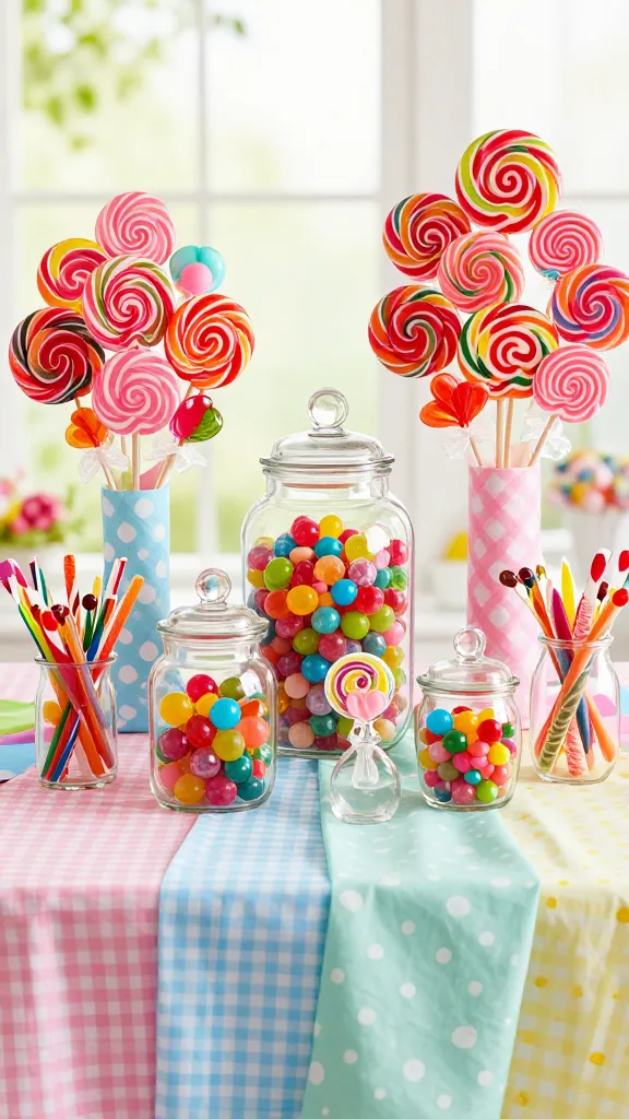 A high-quality, realistic photo capturing a vibrant and whimsical "Sweet Shop Candy Land" themed spring party table, brimming with DIY decor. The centerpiece features an array of clear glass apothecary jars and smaller vases, generously overflowing with a colorful assortment of wrapped candies, including large spiral lollipops, shiny gumballs, bright jelly beans, and striped hard candies. Flanking these are two DIY lollipop trees of varying heights, their fabric-covered bases in cheerful pastel gingham and polka dot patterns, densely studded with an assortment of swirly and classic lollipops. The table is draped with a cheerful gingham tablecloth in soft spring pastels (pink, light blue, mint green, yellow), complemented by polka dot fabric runners. Bright, natural light illuminates the scene, enhancing the playful colors and creating a magical, inviting atmosphere. The focus is sharp on the candy decorations, with a gentle depth of field. No text.