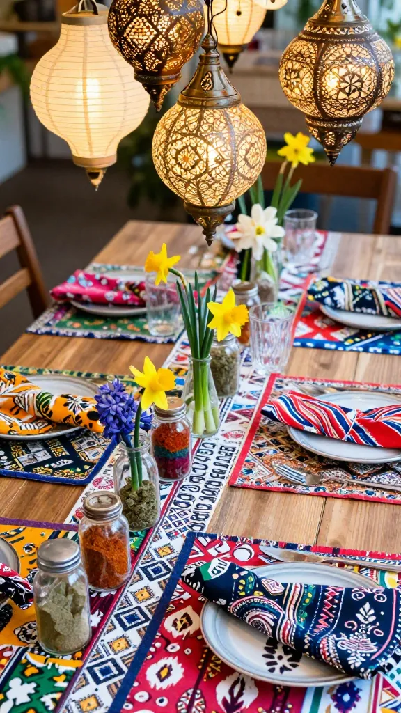 A close-up, high-angle shot of a vibrant spring party table setting, showcasing an eclectic 'Global Traveler Bazaar' theme. The table is adorned with DIY placemats and napkins crafted from diverse fabric swatches featuring rich ikat, paisley, and tribal prints in a riot of jewel tones and earthy hues. Small, clear glass spice jars repurposed as charming mini vases hold delicate single spring blooms like daffodils and hyacinths, interspersed with other jars filled with colorful layered spices. Above the table, a unique lighting display features an whimsical arrangement of mixed paper lanterns in various sizes and shapes, including intricate Moroccan filigree designs and classic Chinese lanterns, casting a warm, inviting glow. The scene is bathed in bright, natural spring light, highlighting the intricate patterns and textures. Realistic, high-quality photograph, shallow depth of field, no text.
