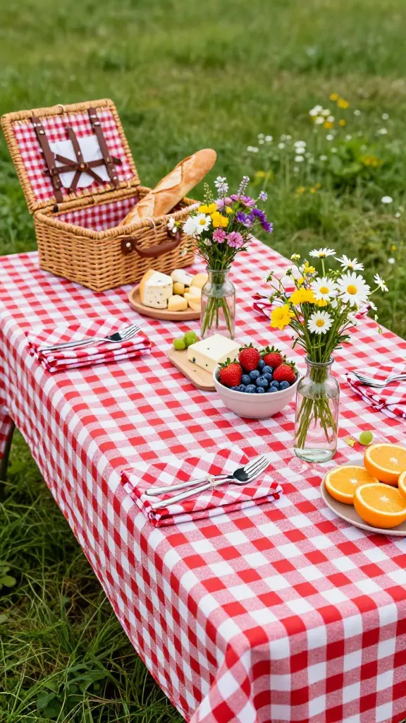 A vibrant, slightly elevated eye-level shot of a charming DIY spring picnic party setup outdoors in soft natural light. A classic red and white gingham tablecloth is spread on lush green grass, serving as the foundation for the inviting display. Neatly folded red and white gingham napkins accompany simple place settings. Several rustic woven picnic baskets are strategically placed: one open, revealing a freshly baked baguette and a simple cheese board; another holds bundles of silver cutlery tied with twine. Bowls are brimming with colorful fresh spring fruits such as strawberries, blueberries, and sliced oranges. Small, clear glass jars and recycled bottles act as vases, holding cheerful, loosely arranged bouquets of wildflowers and daisies, giving a budget-friendly, homemade touch. The scene radiates a cheerful, nostalgic, and effortlessly inviting atmosphere, perfect for a spring gathering. Realistic, high-quality photography, no text.