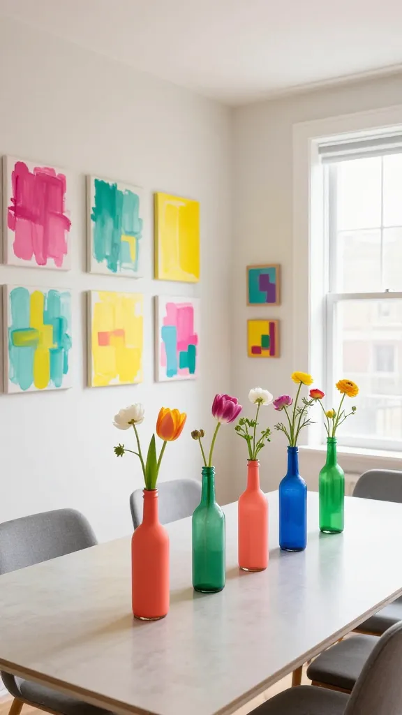 A bright, inviting medium-wide shot of a modern living space creatively transformed into a DIY spring art gallery pop-up party. Light-colored walls are adorned with an eclectic display of small, square abstract paintings on canvas, featuring bold, contrasting brushstrokes in spring colors like fuchsia, teal, and sunny yellow. On a sleek dining table set for guests, groups of repurposed glass bottles, painted in matte finishes of coral, emerald green, and cobalt blue, serve as artistic centerpieces, each holding a single delicate stem of fresh spring flowers such as tulips or ranunculus. Natural daylight streams in through a large window, illuminating the cheerful and inviting atmosphere. The scene emphasizes creative, budget-friendly spring party decor with a modern artistic flair. High resolution, realistic photo, no text.