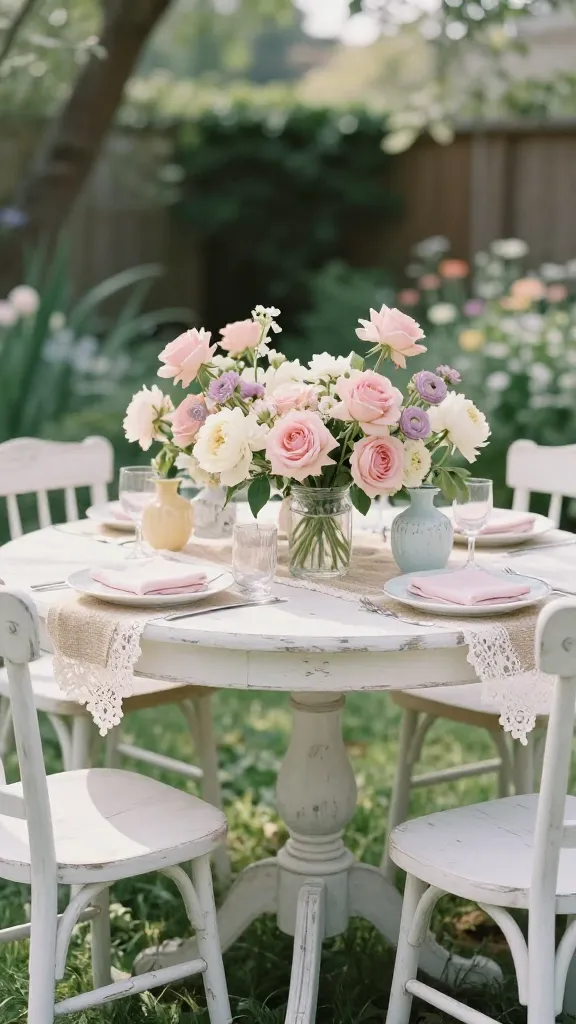 A high-quality, realistic photograph capturing a charming DIY Shabby Chic Garden Romance spring party tablescape set outdoors in a soft-focus, sun-dappled garden. A repurposed, lightly distressed antique white wooden round table is central, adorned with a rustic burlap runner topped by a delicate lace overlay. Abundant, soft floral arrangements featuring light pink roses, creamy white peonies, and pale lavender ranunculus are artfully displayed in various clear vintage-style glass jars and subtly distressed pastel ceramic vases. Mismatched, lightly distressed white wooden chairs with a worn, chipped paint finish surround the table, contributing to a romantic, lived-in feel. Soft, natural sunlight bathes the scene, highlighting the muted pastel color palette and delicate textures. No text.