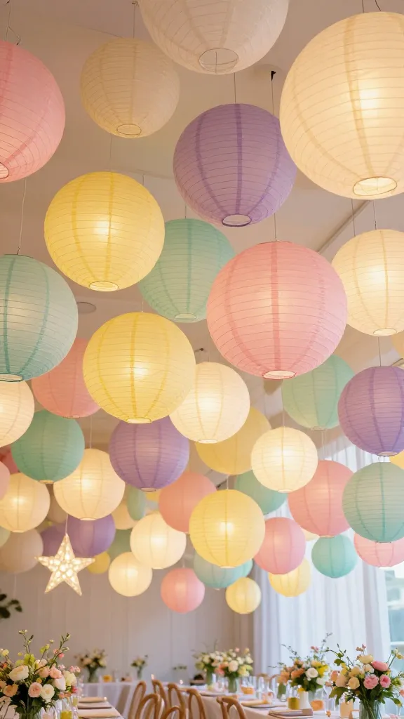 A high-quality, realistic photograph from a slightly elevated perspective, showcasing an enchanting DIY spring party decor setup. The ceiling is transformed into a "Paper Lantern Dreamscape" with a dense cloud of paper lanterns. These lanterns vary significantly in size (from small accents to large focal points) and shape (predominantly classic round, with a few elegant oval and whimsical star-shaped lanterns interspersed). They are suspended at diverse heights, creating a dynamic, undulating canopy. The color palette is a harmonious ombre of soft spring pastels: delicate cream, pale yellow, blush pink, lavender, and mint green, creating a visually stunning gradient. Many of the lanterns emit a warm, ethereal internal glow from subtle, battery-operated fairy lights, casting a magical, diffused light downwards. Below this mesmerizing overhead display, glimpses of a tastefully arranged spring party table with fresh floral centerpieces and light-colored linens are visible, anchoring the scene within a festive spring celebration. The overall lighting is soft and inviting, emphasizing the dreamlike atmosphere. No text.