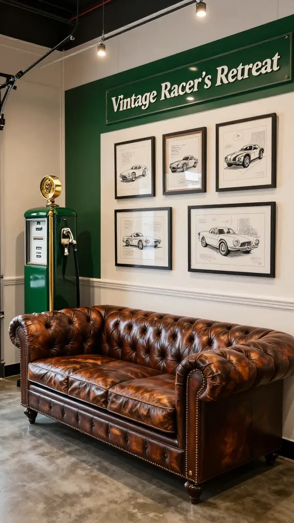 A high-resolution, professional photograph captures a luxurious "Vintage Racer's Retreat" garage man cave, designed as a sophisticated museum-like space for relaxation. The room features a deep racing green accent wall that exudes classic elegance, contrasted with creamy off-white main walls. Dominating the foreground is a rich, distressed leather Chesterfield sofa, inviting comfort. Adjacent to it, a meticulously restored vintage fuel pump stands as a sculptural piece, its polished chrome and brass details gleaming under soft, warm ambient lighting. Above the sofa, a collection of framed classic car blueprints, rendered with intricate detail, adorns the wall. Polished chrome and brass accents are subtly integrated throughout the decor, from light fixtures to decorative elements, reflecting a refined style. The floor is a clean, polished concrete or dark tile, hinting at its garage origins while maintaining a pristine, museum-quality finish. The overall atmosphere is one of timeless automotive passion, blending raw power with an inviting, masculine comfort, evoking an era of roaring engines and sleek chrome.