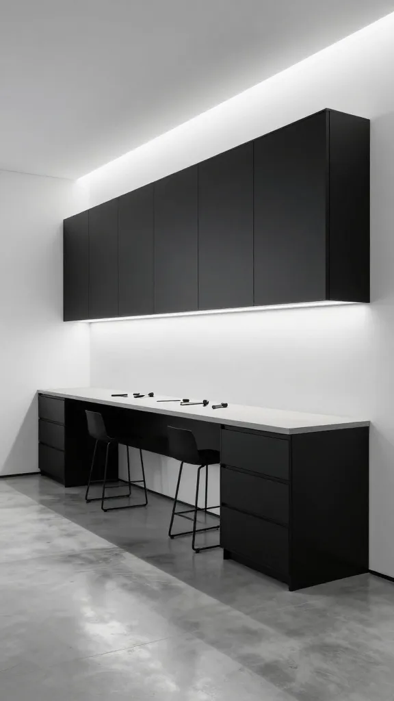 An immersive, wide-angle interior photograph of a pristine modern minimalist garage man cave workshop. The space features stark white walls illuminated by strategic, cool-toned LED strip lighting integrated along the top and bottom edges of matte black cabinetry and under the workbench, casting a bright, even glow. The floor is a seamless, highly polished concrete that reflects the clean lines of the room. Dominating the main wall are sleek, floor-to-ceiling matte black cabinetry and integrated tool chests, all presenting a handle-less, clean facade. A custom-built, robust workbench with a light grey durable surface and integrated matte black storage drawers runs prominently along one wall, meticulously organized with a few high-end, precision hand tools neatly arranged on its surface. Two minimalist black bar stools are neatly tucked beneath the workbench. The overall aesthetic is one of sophisticated efficiency and uncluttered functionality. Professional architectural photography, sharp focus, high dynamic range, no text.