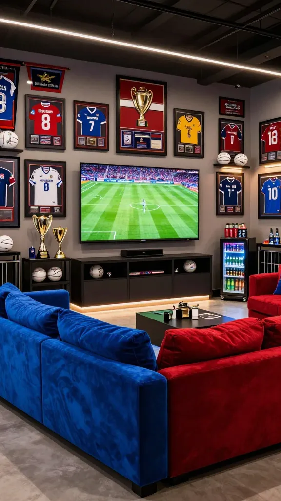 A wide, high-definition interior photograph of a luxurious 'Sports Fanatic's Stadium' themed garage man cave. The central focus is a massive, wall-mounted flatscreen television displaying an intense, live football game, dominating a neutral-toned accent wall. In front of the screen, a large, plush L-shaped sectional sofa, upholstered in a bold team color like royal blue or deep red, offers prime viewing. The surrounding walls are meticulously decorated with an impressive array of sports memorabilia: framed, autographed jerseys, championship banners, and display shelves showcasing gleaming trophies and signed game balls. Subtle, strategic accent lighting illuminates the collection and creates an immersive, stadium-like ambiance. A sleek mini-fridge or bar cart stocked with drinks is visible, suggesting readiness for an epic game night. The space exudes an atmosphere of passionate devotion to sports and victory. Realistic, high-quality photo with professional lighting, no text.