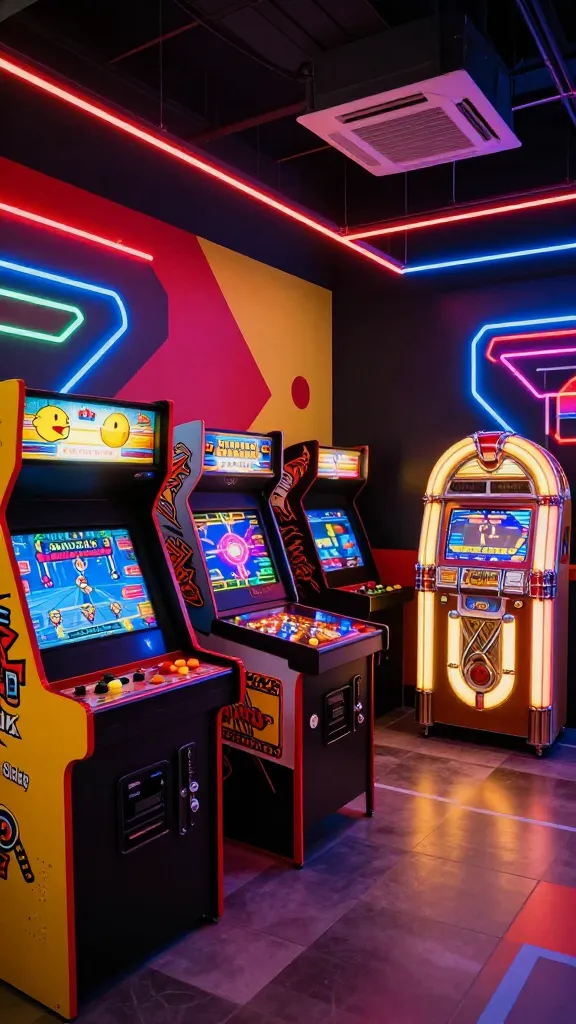A wide, realistic, high-quality professional interior photograph capturing a vibrant and energetic retro arcade dream garage man cave. The space is a nostalgic haven, brightly lit by the dynamic glow of multiple authentic arcade cabinets, prominently featuring Pac-Man, Donkey Kong, and Street Fighter, their screens alive with pixelated action. A classic pinball machine stands ready for play, its lights flashing, next to a vintage jukebox casting a warm, inviting light. The room's color palette is bold and striking, dominated by electric reds, bright yellows, and deep blues, beautifully contrasted with sleek black walls and polished chrome accents. 80s-inspired neon strip lighting in primary colors illuminates geometric patterns on the floor and walls, creating an immersive, high-energy atmosphere. The scene is set for serious high scores, evoking the satisfying *clack-clack* of arcade buttons. No text on image.