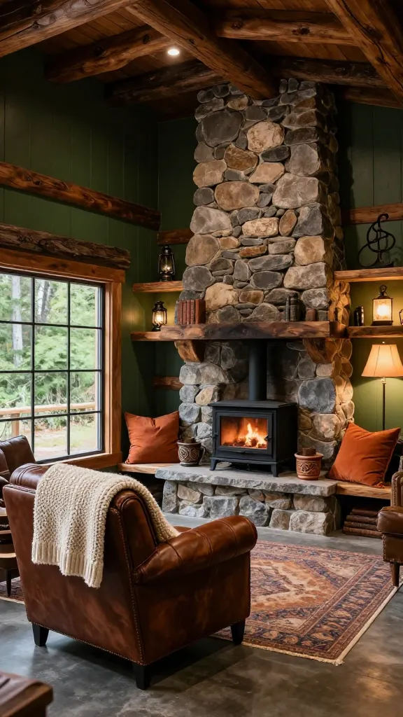 A high-quality, professional photograph of a meticulously designed dream garage man cave, transformed into a rustic cabin escape. The space exudes warmth and rugged comfort, feeling like a secluded wilderness retreat. In the foreground, a large, plush, deep brown leather armchair with a chunky knit cream throw invites relaxation. Behind it, a prominent accent wall is clad in natural grey and brown stacked stone, providing a strong focal point. To the side, a classic black cast iron wood-burning stove stands on a stone hearth, emanating a soft, warm glow. Above it, raw, unfinished wood shelves display carefully curated items like vintage lanterns, a small collection of antique books, and a rustic metal sculpture. The walls are painted in a deep forest green, complemented by natural wood paneling and trim, all finished in rich, deep brown tones. Subtle accents of burnt orange appear in throw pillows and a decorative ceramic mug on a small side table next to the armchair. Warm, ambient lighting from recessed fixtures and a standing lamp with a fabric shade creates a cozy atmosphere. The floor is a durable, dark stained concrete, partially covered by a thick, patterned area rug in earthy tones. A large, multi-paned window reveals a blurred, verdant forest view, enhancing the feeling of being miles away from the city. The overall aesthetic is one of sophisticated ruggedness, perfect for unwinding. No text on image.