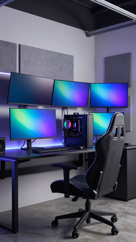 A realistic, high-quality photo of a high-tech gaming man cave, meticulously built within a modern garage. The scene showcases a futuristic command center featuring at least three large, curved high-resolution monitors arranged for an immersive experience, mounted above a sleek, minimalist desk in black and dark grey. A powerful, top-tier gaming PC with subtle, integrated RGB lighting sits prominently on or beside the desk. In the foreground, a state-of-the-art ergonomic gaming chair, upholstered in black and grey with visible lumbar support, is perfectly positioned. The dominant color palette of the space is sleek greys, blacks, and whites, dramatically punctuated by dynamic, customizable RGB LED lighting strips integrated behind the monitors, along the desk edges, and within wall panels, casting an ethereal glow that shifts between vibrant blues, purples, and greens. Acoustic panels in matching grey tones are subtly integrated into the walls, enhancing the immersive sound environment. The floor is polished concrete, hinting at the garage setting, but the space is impeccably clean, with all cables meticulously managed and hidden. The overall atmosphere is one of cutting-edge technology, ergonomic comfort, and an ultimate immersive gaming experience.