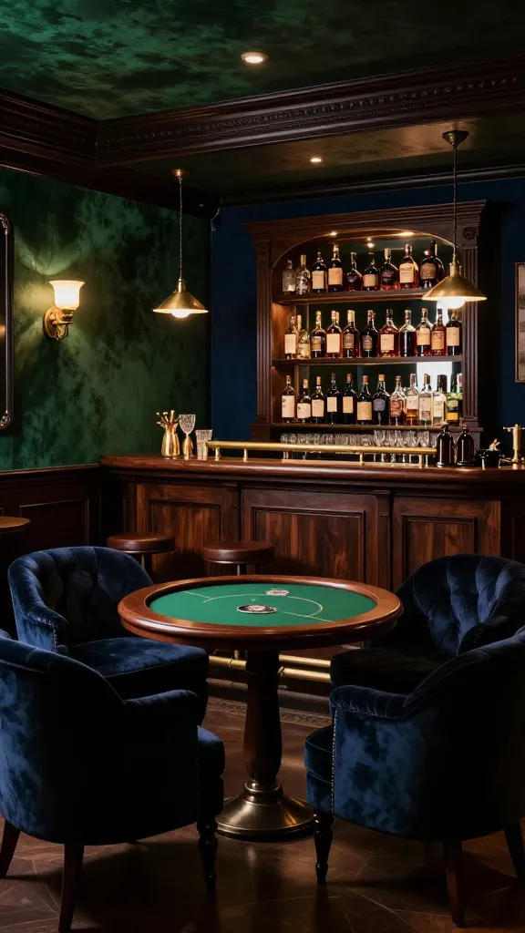 A high-quality, realistic photo capturing a clandestine and sophisticated speakeasy lounge, meticulously designed within a luxurious dream garage man cave. The atmosphere is dark, moody, and imbued with old-world charm, perfect for intimate conversations. Walls are adorned in rich emerald green velvet or deep navy blue, complemented by dark wood wainscoting and brass accents. Atmospheric dimmable lighting emanates from vintage-style brass wall sconces and a subtle chandelier, casting warm, inviting glows across the room. The focal point is a custom, fully stocked dark wood bar with a polished brass rail, showcasing an array of vintage glassware and premium spirit bottles. Adjacent to the bar, a small, round dark wood poker table with a green felt top is flanked by two plush, tufted deep velvet armchairs. No text.