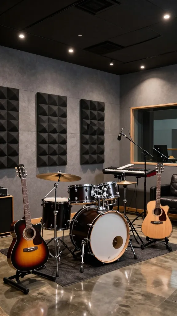 A high-quality, realistic wide-angle photograph of a sophisticated musician's studio and jam space, meticulously converted from a modern garage man cave. The walls are clad in charcoal grey and black geometric acoustic sound panels, creating a textured, acoustically optimized environment. In the foreground, a professional drum kit with chrome hardware is set up, flanked by several electric and acoustic guitars displayed on sleek, minimalist stands. A modern keyboard workstation sits opposite, with a microphone on a stand. In the background, a small, soundproofed recording booth with a glass panel is visible. The flooring is polished dark concrete, reflecting the warm, focused LED track lighting that highlights the instruments and equipment. A comfortable, dark leather armchair is tucked into a corner. The overall aesthetic is clean, professional, and inspiring, with a dominant neutral color palette of greys and blacks, allowing the instruments' natural colors and metallic finishes to stand out. No text.