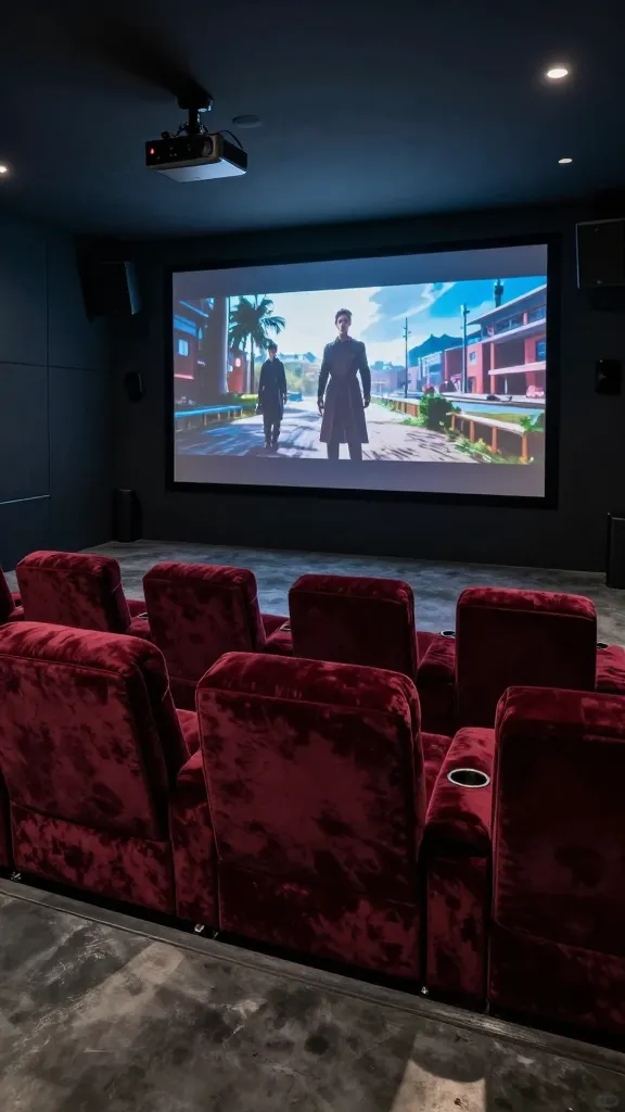 A luxurious and immersive cinematic home theater meticulously designed within a transformed garage man cave. The room is bathed in a sophisticated palette of deep charcoal grey and midnight blue, with plush velvet reclining theater seats in a rich burgundy, arranged in two comfortable rows, each featuring integrated cup holders. A massive, high-definition projection screen dominates the far wall, displaying a vibrant, cinematic scene, illuminated by a state-of-the-art projector mounted discreetly on the ceiling. Surround sound speakers are subtly integrated into the dark, sound-dampening walls. The floor is a polished, dark concrete, reflecting the soft, ambient glow from the screen. The overall atmosphere is dark, opulent, and perfectly optimized for an ultimate big-screen experience, showcasing a high-end garage conversion. High-resolution, realistic photo, no text.
