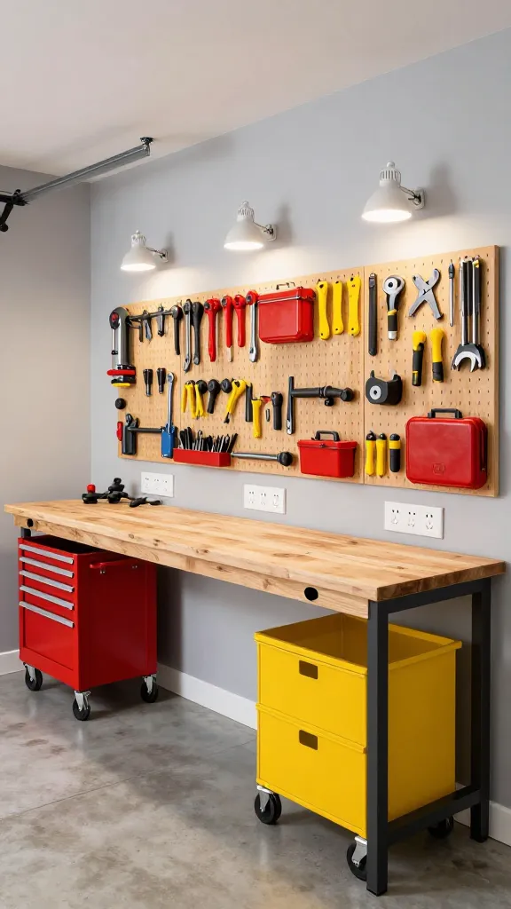 A highly detailed, eye-level photograph of an immaculately organized DIY Dream Lab within a modern garage man cave. The walls are a clean, bright light grey, maximizing visibility. A robust, expansive wooden workbench, equipped with numerous visible power outlets, stretches across the frame. Above the workbench, a large pegboard system showcases a meticulously arranged collection of tools, featuring vibrant pops of tool-chest red and bright yellow handles. Several bright, adjustable LED task lights are strategically positioned, illuminating the work surface with precision. To one side, a sleek red rolling tool cart and a compact yellow mobile storage unit are neatly tucked away. The concrete floor is spotless, and the overall atmosphere is one of functional creativity and readiness for invention. Realistic, high-resolution, no text.