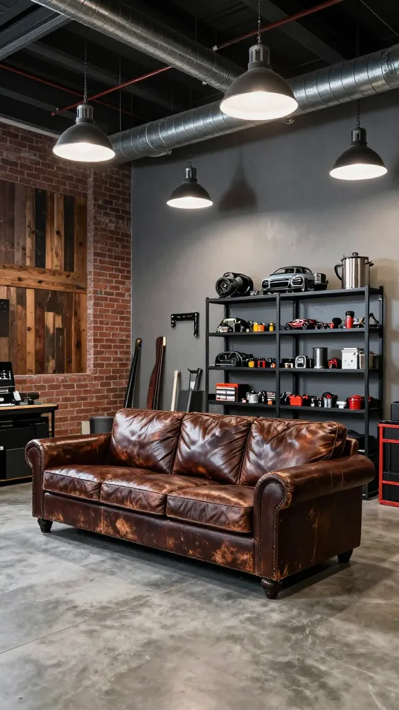 A high-quality, realistic photo of a spacious industrial loft-style dream garage man cave. The interior features polished concrete floors and walls in dominant greys, accented by a section of exposed red brick and distressed dark wood panels. Overhead, raw metal ductwork and piping are visibly integrated into the ceiling design. Several black industrial-style pendant lights hang, casting a warm, inviting glow over the expansive space. A large, well-worn distressed dark brown leather sofa is positioned comfortably as a focal point. Adjacent stands a tall, black metal shelving unit, displaying curated tools, automotive decor, and personal items. Metallic finishes are prominent on fixtures and decor. The overall atmosphere is gritty yet sophisticated, embodying urban chic with practical utility, clearly designed within a converted garage space. Sharp focus, detailed textures, natural lighting augmented by the pendants, wide-angle shot.
