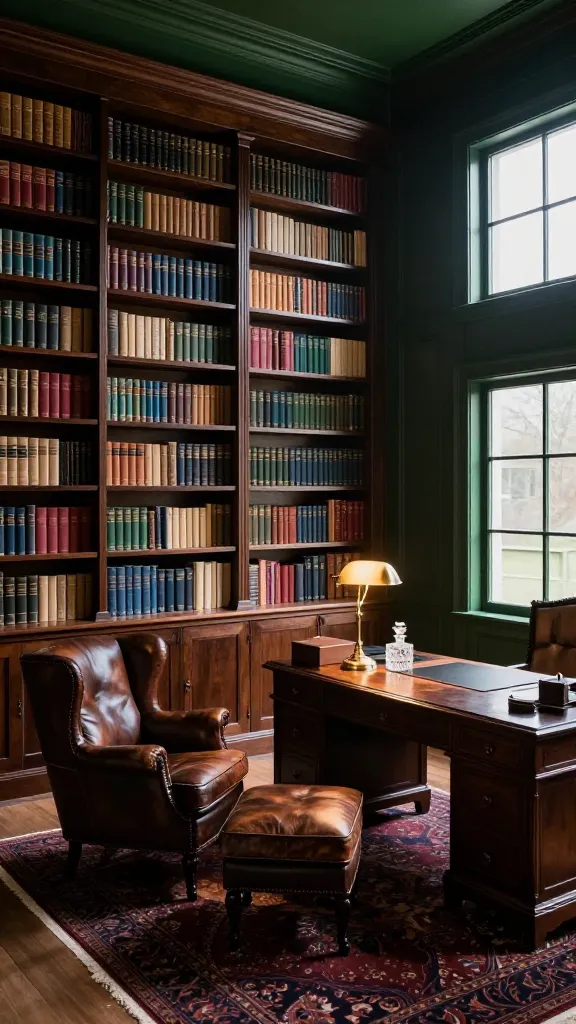 A high-angle, wide-shot photograph capturing a sophisticated gentleman's library and study, meticulously transformed from a spacious garage. The walls are painted in a rich, deep forest green, creating a luxurious and contemplative atmosphere. Floor-to-ceiling built-in bookshelves, crafted from dark mahogany wood, line the main wall, overflowing with a diverse collection of classic literature and antique leather-bound books. In the foreground, a comfortable, distressed dark brown leather wingback chair with a matching ottoman is positioned invitingly next to a tall, elegant brass floor lamp, casting a warm, localized glow. Opposite, a substantial classic dark wood desk is meticulously arranged with a vintage brass desk lamp, a leather blotter, and a crystal decanter set. Subtle architectural details hint at the room's former life as a large garage, now refined with elegant wainscoting and large, framed windows that allow for soft, diffused natural light. A rich burgundy and navy Persian rug anchors the space, complementing the overall warm and inviting color palette. The lighting is soft and ambient, emphasizing the quiet elegance and refined escape. Realistic, high-quality photo, no text.