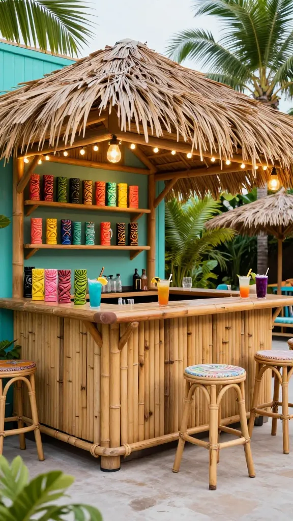 A high-quality, realistic photo capturing a vibrant and festive tropical tiki bar man cave. The scene is set within a cleverly transformed garage, showcasing a custom bamboo bar topped with a rustic thatched roof and adorned with warm string lights. A diverse collection of colorful tiki mugs is prominently displayed on the bar and surrounding shelves. Comfortable outdoor-style seating, such as rattan chairs and a small lounge area, invites relaxation. The space bursts with a cheerful color palette of aqua blue, lime green, sunny yellow, and coral, harmoniously blended with natural bamboo and straw textures. Lush tropical foliage, like palm trees and ferns, enhances the paradise ambiance. Several fruity cocktails are visible on the polished bar surface, all bathed in soft, inviting lighting. No text.