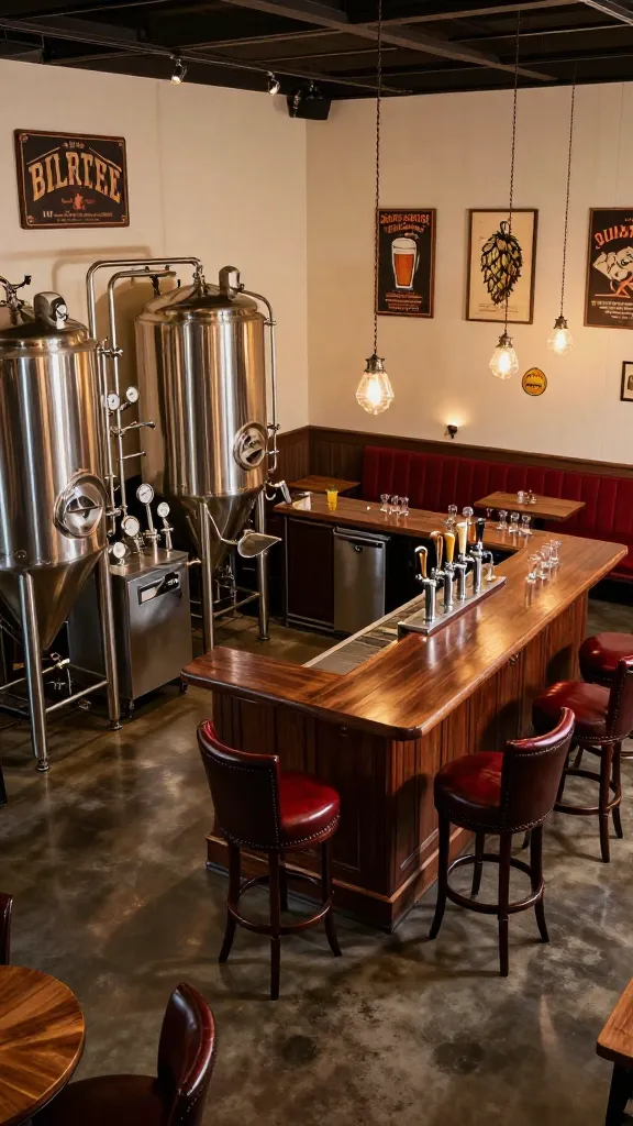 A high-angle, wide shot of a sophisticated, custom-designed garage man cave transformed into a craft beer brewery and tasting room. The space exudes a classic pub ambiance with its earthy color palette of rich dark browns, warm cream walls, and deep red accents on upholstery and decor. On the left, a gleaming stainless steel brewing station is prominently featured, complete with various brewing vessels, tubes, and gauges, all meticulously organized. In the center, a sleek, dark wood tasting bar with a polished countertop extends, backed by a multi-tap kegerator featuring several chrome beer taps. Comfortable, dark leather high-top bar stools with deep red cushions are pulled up to the bar, inviting guests for a tasting session. The walls are adorned with vintage beer signs and framed hops illustrations, subtly lit by warm, industrial-style pendant lights hanging above the bar. The floor is a durable, polished concrete or dark tile. The overall impression is one of functionality, luxury, and a passion for brewing, captured in a sharp, professional photograph with natural lighting enhancing the rich textures and colors. No text.