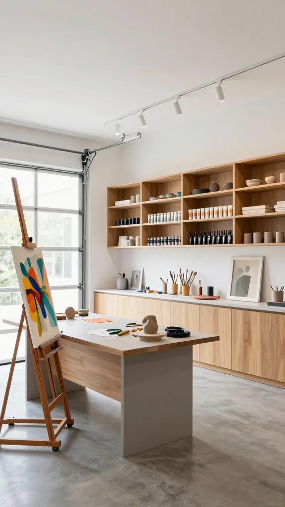 A high-resolution, professional photograph of a bright, modern art studio and gallery, meticulously designed within a sophisticated dream garage man cave. The expansive space features crisp white walls providing a pristine backdrop, complemented by natural wood and light grey accents in the polished concrete floor, custom cabinetry, and minimalist furniture. Abundant natural light streams in from a large, contemporary window or a frosted glass modern garage door, enhanced by excellent, precisely aimed track lighting on the ceiling that illuminates various artworks and workspaces. In the foreground, a large, professional-grade wooden easel holds a vibrant, half-finished abstract painting. To the side, a sturdy, spacious workbench with a light grey countertop is neatly arranged with sculpting tools and a clay model. Ample, well-organized built-in storage units, featuring a mix of open shelving and closed cabinets in natural wood and light grey, display a curated collection of art supplies like tubes of paint, brushes, and stretched canvases. The overall atmosphere is clean, functional, inspiring, and high-end, showcasing a perfect blend of artistic creativity and organized utility. No text.
