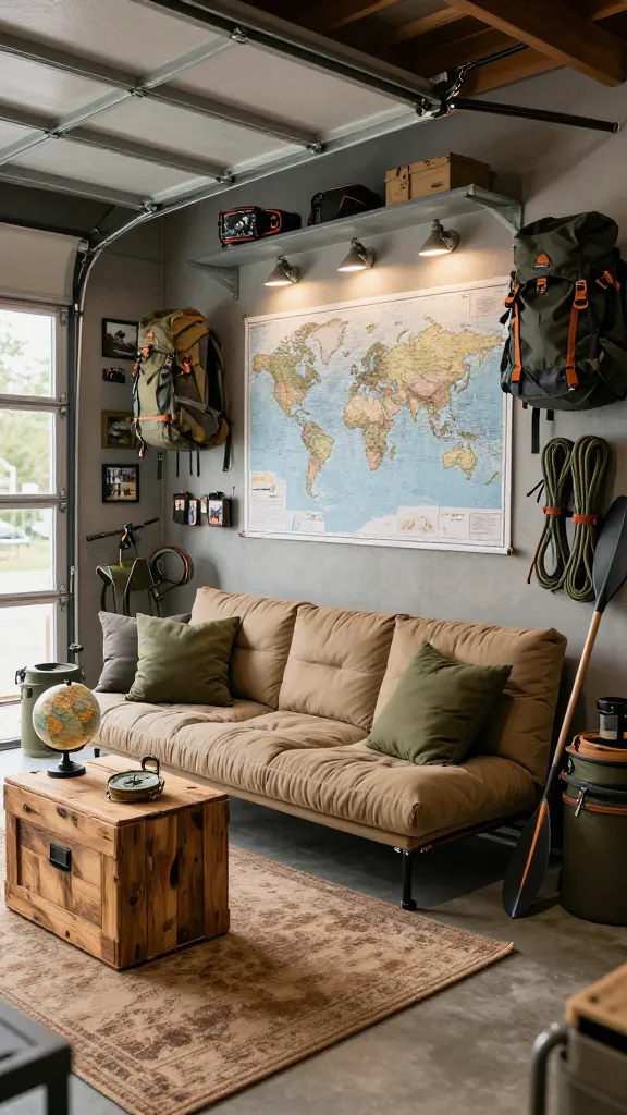 A high-quality, realistic photo of an 'Adventure Seeker's Basecamp' garage man cave. The spacious garage is transformed into a rugged yet comfortable hub, featuring a dominant color palette of natural, muted tones including olive green, tan, earthy browns, and various shades of grey. In the foreground, a comfortable, tan futon or convertible sofa with olive green throw pillows invites relaxation. Adjacent to it, a small, rustic wooden crate table displays a vintage compass and a small globe. The main wall is adorned with a large, detailed world map, flanked by heavy-duty, industrial-style metal storage racks. These racks are meticulously organized with authentic camping gear—backpacks, climbing ropes, a neatly stowed bicycle, and a kayak paddle leaning against the wall. The concrete floor is partially covered by a durable, earthy-toned area rug. Warm, functional task lighting from industrial sconces illuminates the space, complementing the natural light filtering in from a large window or partially open garage door. Details like framed travel photos, a collection of small artifacts, and a sense of organized readiness for the next expedition fill the scene, creating an atmosphere of exploration and adventure. No text on images.