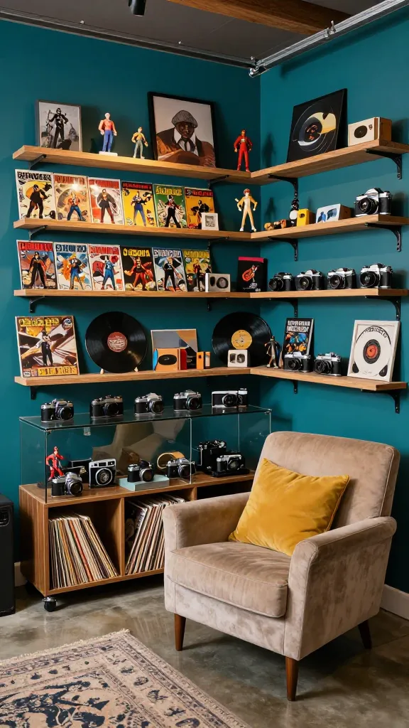 A high-resolution, professional photograph capturing a vibrant and inviting corner of an "Eclectic Collector's Den" man cave, situated within a transformed garage space. The main wall is painted a rich deep teal, serving as a bold backdrop for an extensive, thoughtfully curated display of diverse collections. Open wooden shelves and sleek glass display cases are filled with vintage comic books, meticulously arranged action figures, classic vinyl records, and an array of antique cameras, each item telling its own unique story. A comfortable, plush armchair in a warm neutral tone is accented with a mustard yellow throw pillow, inviting relaxation. The floor is polished concrete, hinting at the garage's origins, softened by a subtly patterned area rug. Subtle industrial-style lighting fixtures cast a warm glow, highlighting the unique treasures and creating a cozy, personal atmosphere. The overall scene is quirky, unique, and brimming with individuality and personal passions. No text.