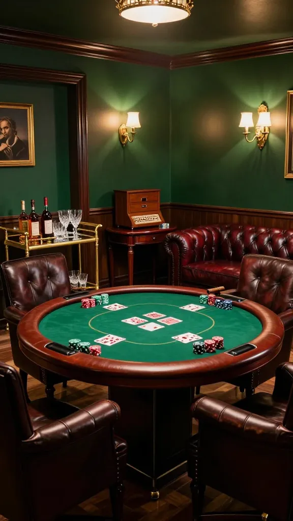 A high-resolution, ultra-realistic photograph of a luxurious, dimly lit poker and cigar room, designed as a sophisticated man cave within a converted garage space. The walls are painted a deep forest green, complemented by dark wood paneling and brass accents. In the center, a large, octagonal poker table with a rich green felt surface is set with poker chips and a few playing cards, surrounded by five plush, dark brown leather armchairs. To one side, a gleaming brass and dark wood bar cart is well-stocked with premium spirits and crystal glassware. Nearby, a high-quality wooden humidor sits on a polished dark wood side table. A comfortable, deep oxblood red leather Chesterfield sofa is positioned in a cozy corner, inviting relaxation. Warm, soft light emanates from vintage-style brass wall sconces and a subtle overhead chandelier, casting long shadows and highlighting the rich textures of the leather and wood. A faint, sophisticated haze subtly suggests the enjoyment of fine cigars. The atmosphere is one of exclusive camaraderie and classic indulgence. Shot with a wide-angle lens to capture the full ambiance, sharp focus, cinematic lighting, no text.