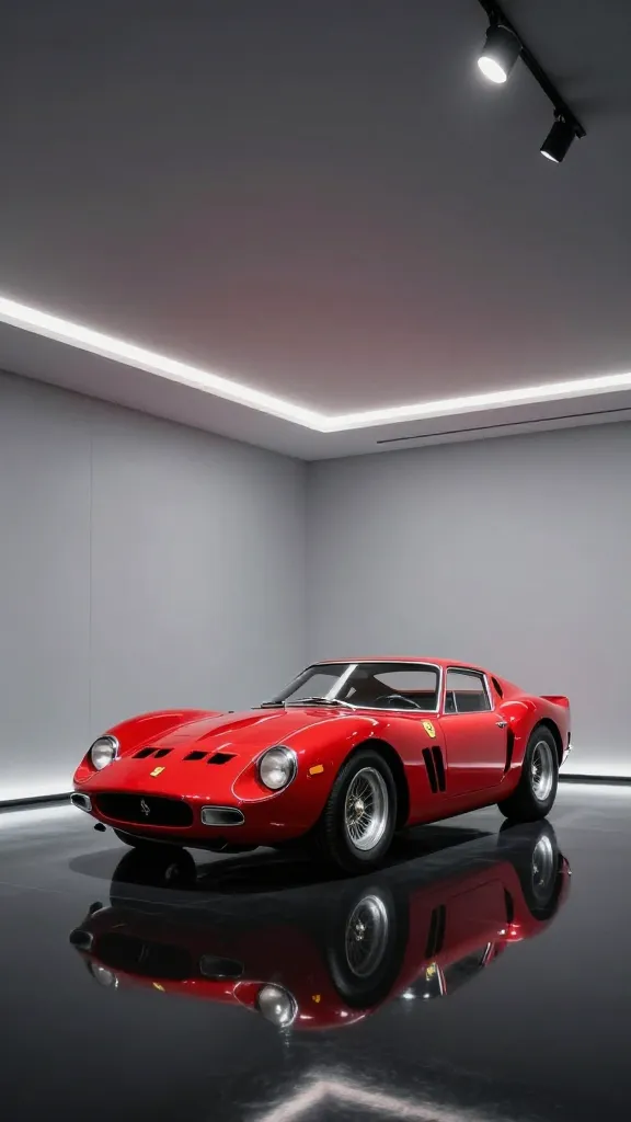 A cinematic wide shot of an ultra-modern, luxurious dream garage man cave, meticulously designed as a classic car showcase. At its heart, a pristine, gleaming red 1960s Ferrari 250 GTO stands as the undisputed star, its vibrant color intensely highlighted. The floor is a highly reflective, polished black epoxy, mirroring the car's sleek lines and the surrounding light. The walls are a sophisticated, seamless light grey with a subtle high-gloss finish, providing a neutral yet elegant backdrop that ensures the car truly pops. The space is dramatically illuminated by strategic, cool-toned LED strip lighting integrated into the ceiling and along the base of the walls, casting precise highlights and deep shadows that accentuate the vehicle's curves and form. Additional recessed LED spotlights directly above the car create a museum-like display, emphasizing every detail. The overall atmosphere is one of minimalist elegance, immaculate cleanliness, and profound dedication to automotive beauty. No text on image.