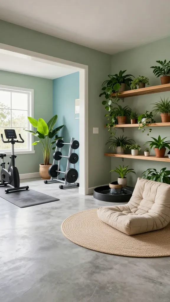 A high-quality, realistic photo of a meticulously designed dream garage man cave, transformed into a tranquil Zen Retreat & Home Gym. The spacious interior is bathed in natural light, featuring a soothing color palette of sage green accent walls, sky blue decorative elements, and light grey polished concrete flooring. On one side, a dedicated home gym area is equipped with sleek free weights neatly racked on a light grey stand, a modern exercise bike, and a yoga mat laid out on the floor, all against a backdrop of a large, vibrant potted plant. Adjacent, a peaceful unwinding corner showcases a comfortable, natural-toned meditation cushion on a textured rug, a small, elegant tabletop water feature gently flowing, and an abundance of varied green plants on natural wood shelving. The design emphasizes balance, functionality, and serenity, with natural wood furniture pieces adding warmth and organic texture throughout the light and airy space. No text.