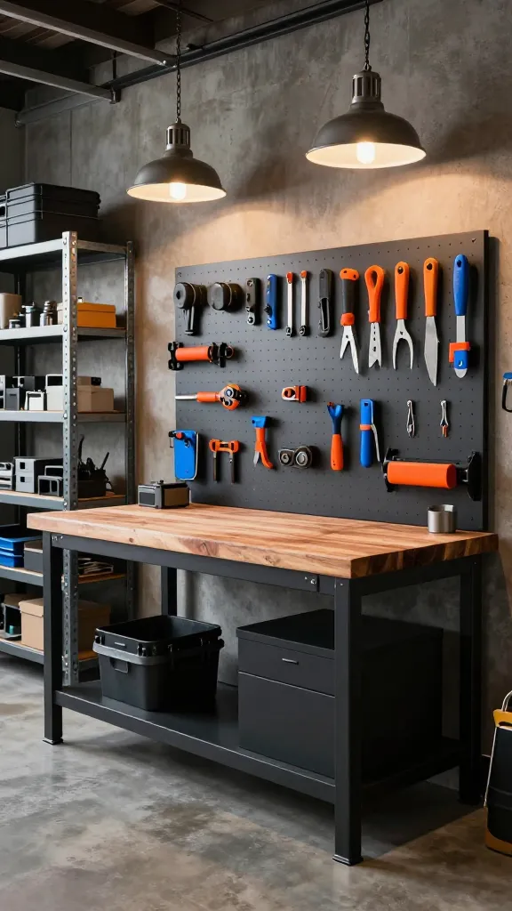 A high-resolution, eye-level photograph captures a meticulously organized and inspiring industrial chic garage workshop. The focal point is a robust, matte black metal workbench topped with a thick, warm-toned butcher block, showing subtle signs of use. Behind it, a charcoal gray pegboard wall is impeccably arranged with a variety of tools, some featuring bright orange or electric blue handles, creating vibrant color pops. To the left, heavy-duty steel shelving, visibly constructed with exposed bolts and raw metal textures, holds neatly stacked components and equipment. Above the workbench, two sleek industrial-style pendant lights with exposed bulbs hang from the ceiling, casting a focused, warm glow. The overall space exudes a sense of functional elegance, with exposed concrete elements subtly visible in the background, reinforcing the industrial aesthetic. The floor is a clean, polished concrete. The atmosphere is highly organized and professional, yet inviting.