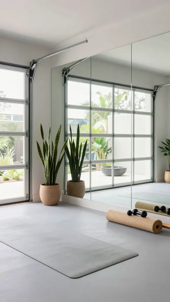 A high-quality, realistic photo of a modern Zen Garden home gym meticulously set up within a transformed garage space. The interior is bathed in soft, abundant natural light filtering through a large, clean glass panel garage door or newly installed wide windows. The color palette is serene, featuring muted sage greens, warm natural wood accents, and crisp whites. A dominant feature is a wall entirely covered with seamless, floor-to-ceiling mirrors, reflecting the tranquil environment and amplifying light. Strategically placed potted plants, including a tall, slender snake plant and a lush peace lily, bring biophilic design elements. A small, elegant tabletop water fountain creates a gentle, soothing sound in a corner. The floor is covered with high-quality, light grey non-slip rubber matting, providing a clean and functional surface. Minimalist workout equipment consists of a neatly unrolled natural fiber yoga mat and a small set of sleek dumbbells resting on a low, minimalist wooden shelf. The overall ambiance is one of peaceful retreat and functional elegance, designed for mindful exercise. No text.