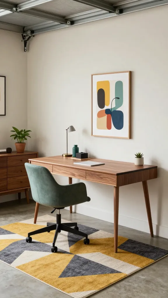 A high-quality, realistic photo of a stylish Mid-Century Modern office nook, thoughtfully carved out within a clean, organized garage space. The focal point is a sleek walnut desk with elegant tapered legs, positioned against a light-colored, painted wall. An ergonomic yet stylish Eames-inspired office chair, upholstered in a muted teal or olive green, is neatly tucked under the desk. To one side, a vintage credenza in a complementary wood tone provides storage, adorned with a few carefully chosen mid-century decorative objects and a small potted plant. A geometric-patterned rug, featuring a sophisticated palette of mustard yellow, charcoal grey, and cream, grounds the workspace. Above the desk, a vibrant abstract art piece with clean lines and a playful yet sophisticated color scheme adds a pop of color and visual interest. The lighting is bright and inviting, with soft ambient light suggesting a productive and inspiring environment. Subtle hints of the garage setting are visible in the background, such as a concrete floor or a neatly painted garage wall, ensuring the primary focus remains on the stylish office nook. The overall composition conveys a sense of organized functionality and refined design.