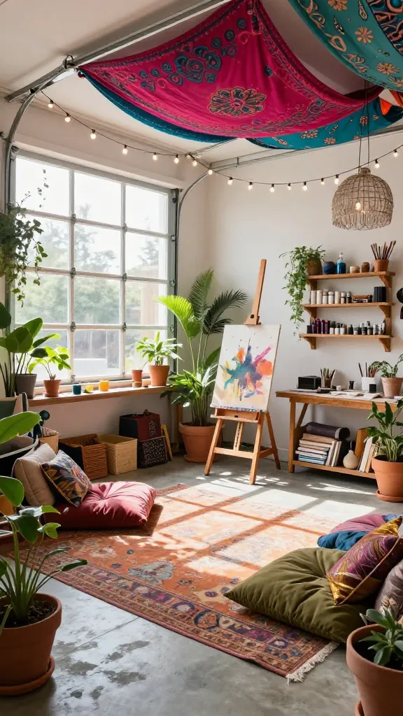 A high-angle, wide shot of a spacious garage interior, dramatically transformed into a vibrant, bohemian artist studio. The original garage door opening is now fitted with large, multi-pane windows, allowing abundant natural light to flood the space, illuminating a creative haven. Crisp white walls provide a clean canvas, layered with rich textures and colors. The concrete floor is softened by layered, patterned rugs in earthy tones of terracotta and olive green. Numerous lush green plants in diverse terracotta pots are strategically placed, bringing natural elements indoors. Overhead, delicate string lights are artfully draped across the ceiling, interwoven with vibrant, patterned tapestries featuring bold fuchsia and turquoise accents. A sturdy wooden easel stands prominently, holding a large, unfinished canvas splattered with paint. Nearby, a low, comfortable seating area is created with plush floor cushions and throws in various textures and patterns, subtly accented with pops of gold. Reclaimed wooden shelves and a workbench are filled with an array of art supplies – tubes of paint, brushes, sketchbooks, and found objects. Sunlight streams in, catching dust motes and highlighting the joyful, free-spirited atmosphere of experimentation and personal expression. Realistic, high-quality photograph, no text.