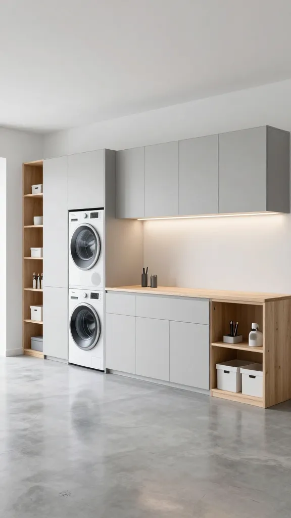 A high-quality, eye-level wide shot of a meticulously organized, bright, and airy garage interior transformed with sleek Scandinavian design. Modular, handleless cabinetry in a matte light gray spans one wall, seamlessly integrating a stacked washer and dryer behind flush panels. Adjacent to this, open birch plywood shelving units display neatly arranged, minimalist storage boxes and a few essential, high-design tools. A long, linear LED task light is subtly mounted beneath an upper cabinet, illuminating a clean, light wood countertop. The polished concrete floor is a light, reflective gray, enhancing the room's brightness. The overall aesthetic embodies 'less is more', where practical utility meets elegant, minimalist functionality, making mundane tasks feel elevated. No text.