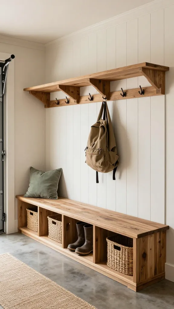 A realistic, eye-level, high-quality photograph of a rustic farmhouse mudroom, meticulously converted from a portion of a garage space. The walls are painted in warm whites and creams, featuring classic shiplap paneling. A substantial built-in bench, crafted from distressed light oak wood, forms the central feature with integrated cubbies underneath, neatly storing a pair of 'muddy' (but clean) boots and woven storage baskets. Above the bench, a row of dark bronze hooks holds a couple of coats and a backpack. The color palette is warm and inviting, with the distressed wood tones harmonizing with the cream walls, and a subtle accent of sage green visible in a decorative cushion on the bench. The flooring is a durable, light-toned polished concrete, subtly hinting at its garage origins, yet softened by a small, natural fiber area rug. The space feels highly organized, welcoming, and cozy, bathed in soft, natural light entering from an unseen window or opening. No text.
