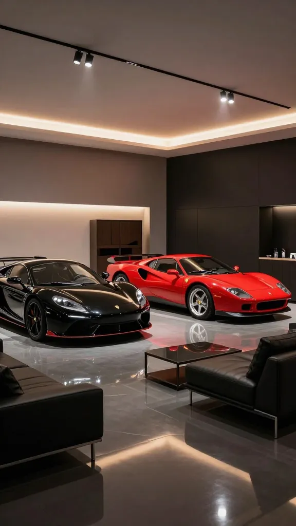A breathtaking, high-angle wide shot of a pristine, modern garage transformed into a luxurious car showroom and sophisticated lounge. The floor is a mirror-like, high-gloss dark epoxy, reflecting a collection of two to three meticulously displayed luxury sports cars (e.g., a sleek black supercar, a vibrant red classic sports car). Above, sleek, minimalist black track lighting fixtures cast focused, warm white beams directly onto the vehicles, highlighting their contours. To one side, a comfortable, low-profile dark leather sofa with clean lines and a modern, minimalist coffee table (perhaps glass or dark wood) form an inviting lounge area. In the background, custom, integrated dark wood or matte black storage cabinets with hidden handles are subtly visible, hinting at car care essentials. The walls are a smooth, neutral tone (e.g., charcoal grey or matte black), contributing to the high-end, gallery-like atmosphere. Soft, indirect ambient lighting emanates from hidden coves along the ceiling and walls, creating a warm and inviting glow. The overall scene exudes next-level elegance and a passion for automotive art. Realistic photography, sharp focus, natural light blending with artificial, no text.
